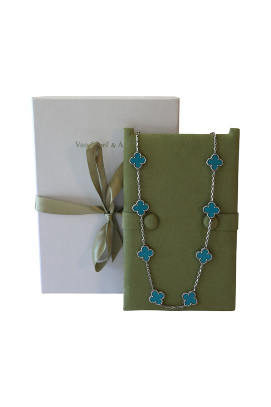 Van Cleef & Arpels Vintage Alhambra Turquoise 10 Motif White Gold Necklace