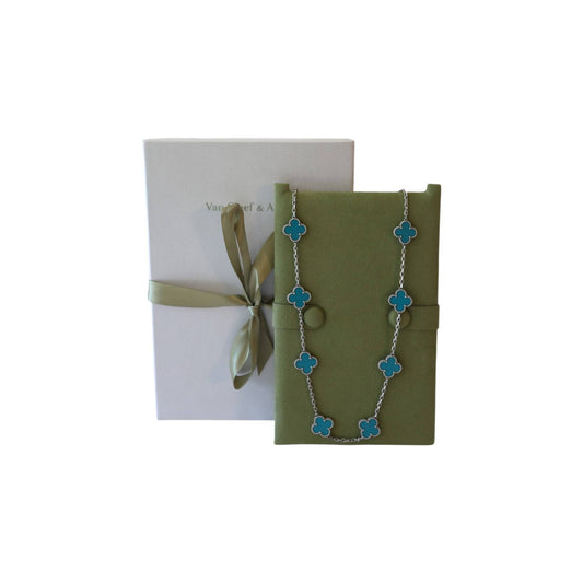 Van Cleef & Arpels Vintage Alhambra Turquoise 10 Motif White Gold Necklace