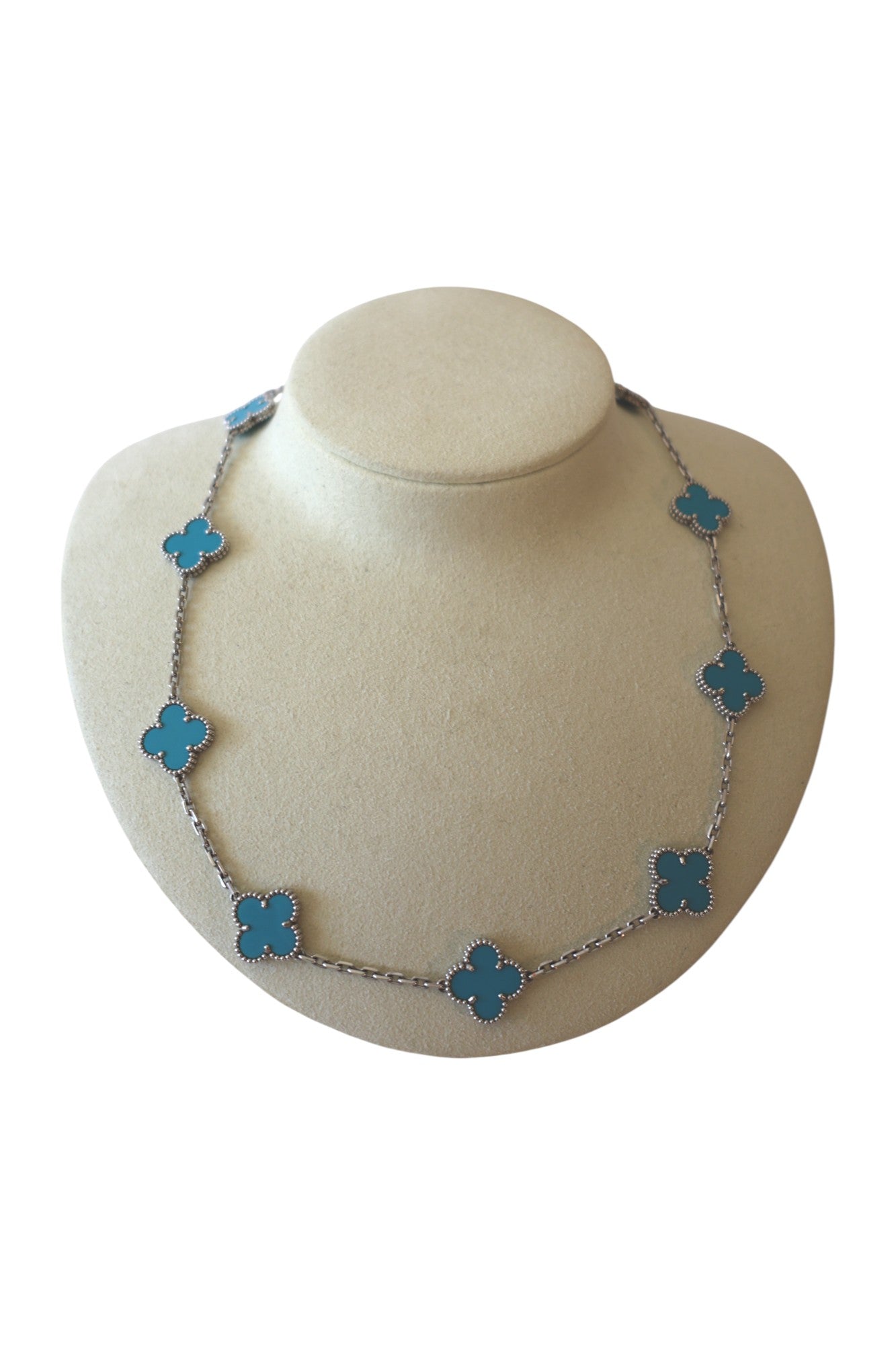 Van Cleef & Arpels Vintage Alhambra Turquoise 10 Motif White Gold Necklace