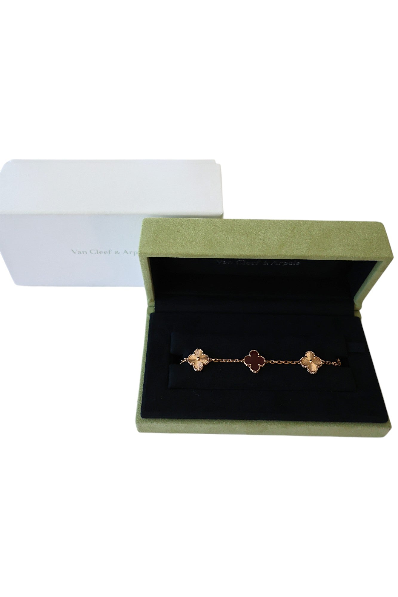 Van Cleef & Arpels Vintage Alhambra 5 motif  Bracelet 18k Rose Gold Gullioche Red Carnelian