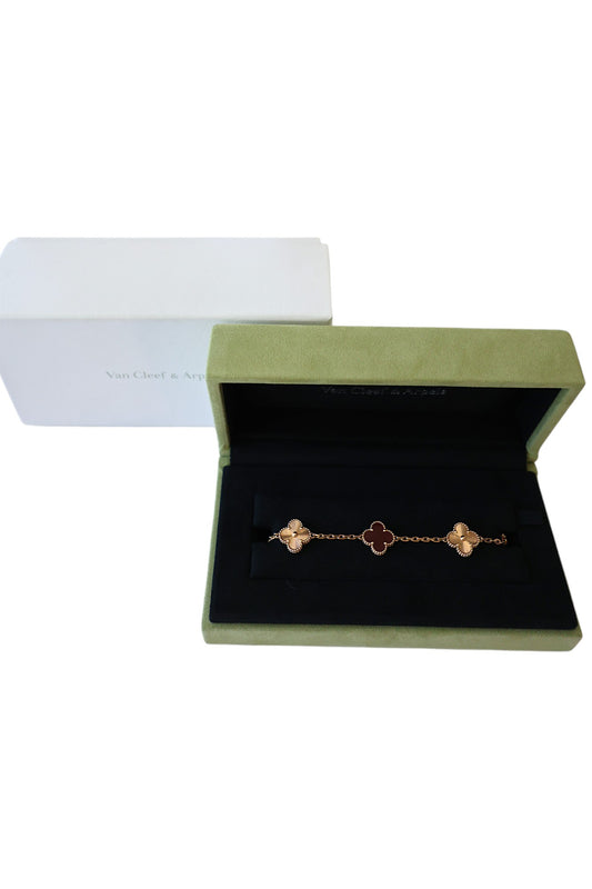 Van Cleef & Arpels Vintage Alhambra 5 motif  Bracelet 18k Rose Gold Gullioche Red Carnelian
