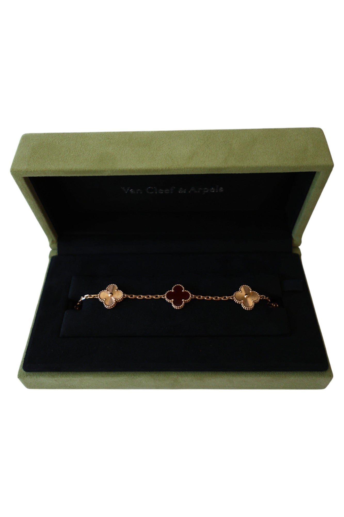 Van Cleef & Arpels Vintage Alhambra 5 motif  Bracelet 18k Rose Gold Gullioche Red Carnelian