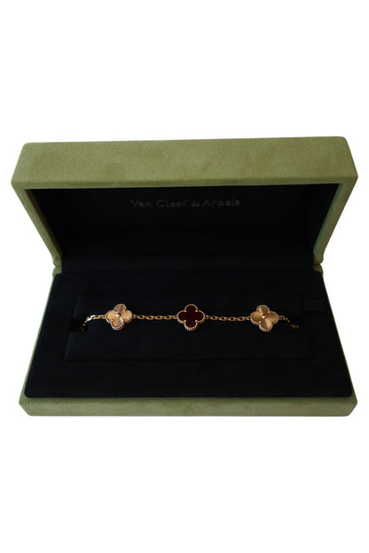 Van Cleef & Arpels Vintage Alhambra 5 motif  Bracelet 18k Rose Gold Gullioche Red Carnelian