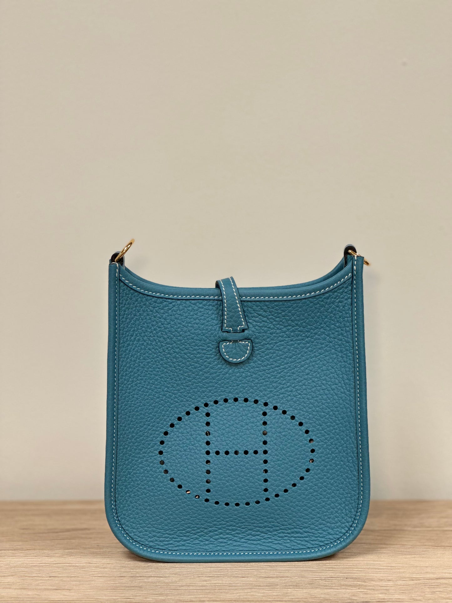 HERMES Bleu Jean blue Clemence leather EVELYNE 16 Bag