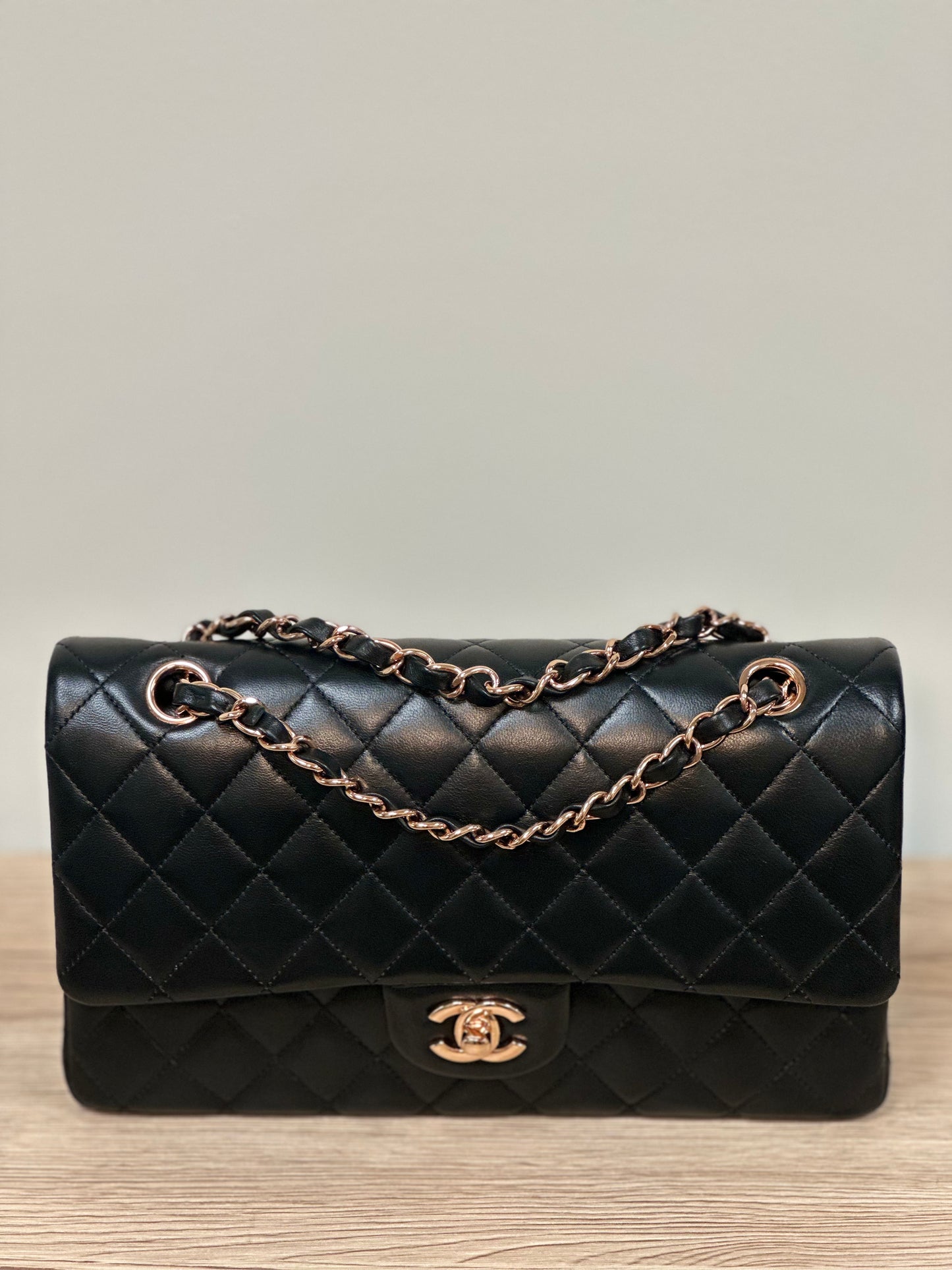 Chanel 21B Black Lambskin Quilted Classic Flap Medium Rose Gold Hardware