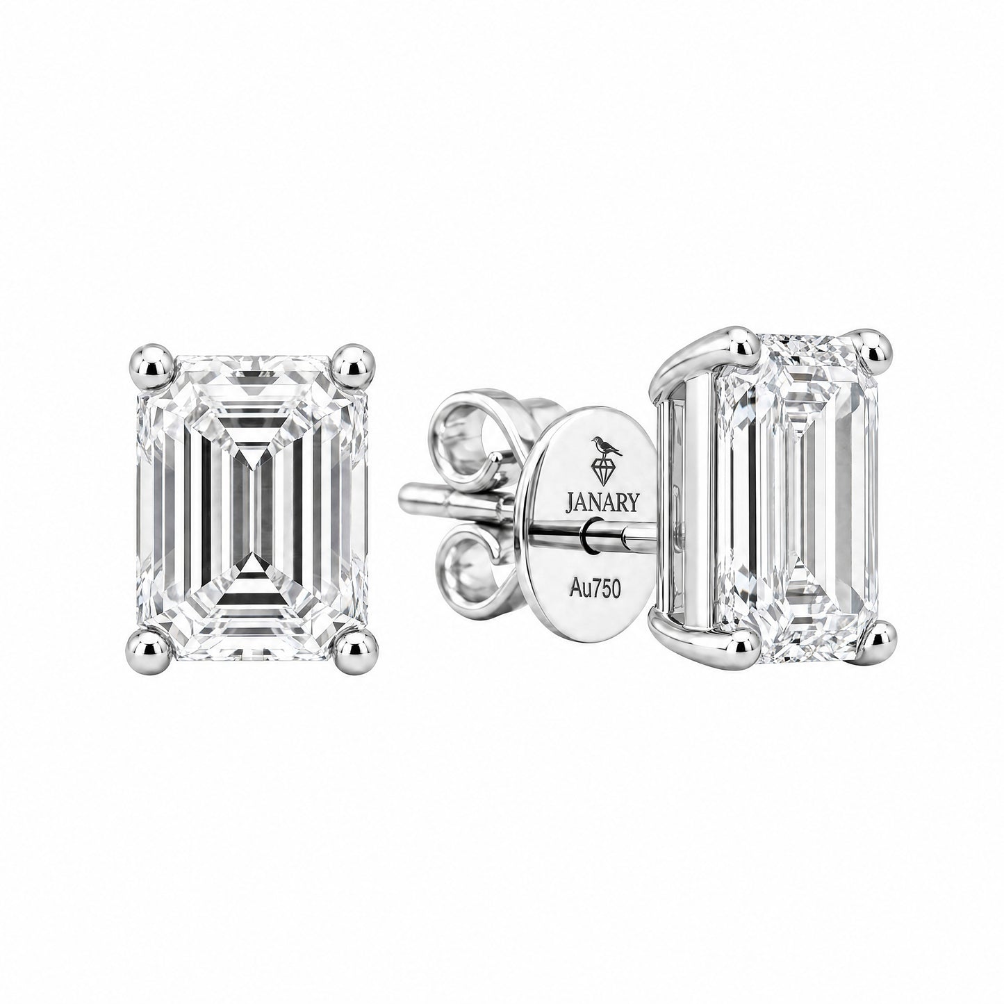 JANARY Emerald Cut 4-Carat Diamond Stud Earrings in 18K White Gold