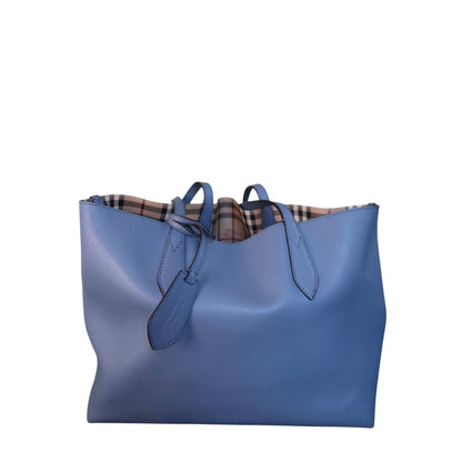 Burberry Calfskin Haymarket Check Small Reversible Tote Slate Blue