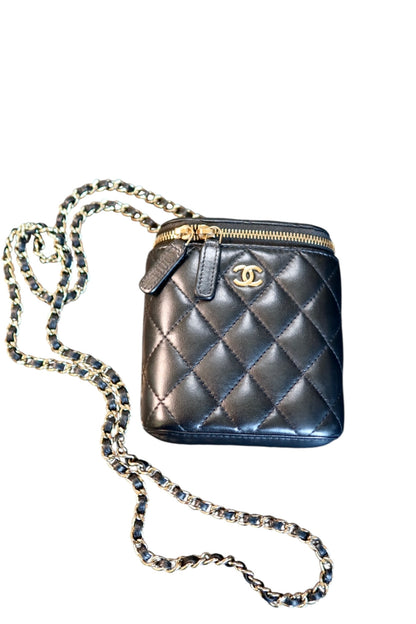 Chanel Lambskin Mini Vanity Case with Chain Black Leather Gold Hardware