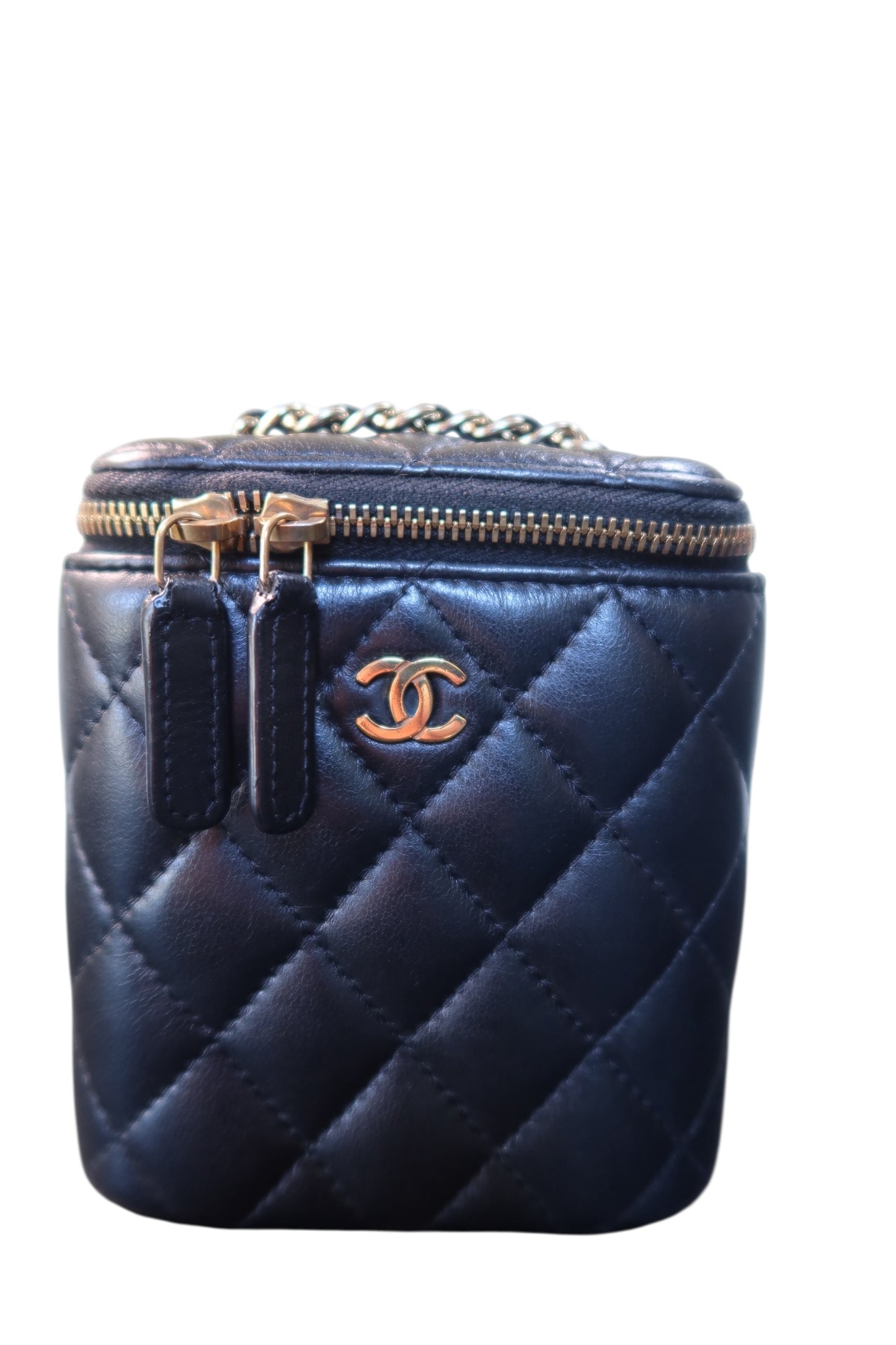 Chanel Lambskin Mini Vanity Case with Chain Black Leather Gold Hardware