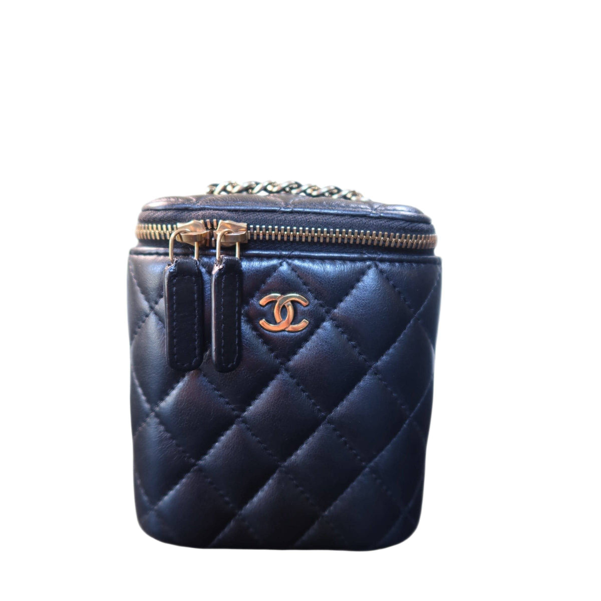 Chanel Lambskin Mini Vanity Case with Chain Black Leather Gold Hardware