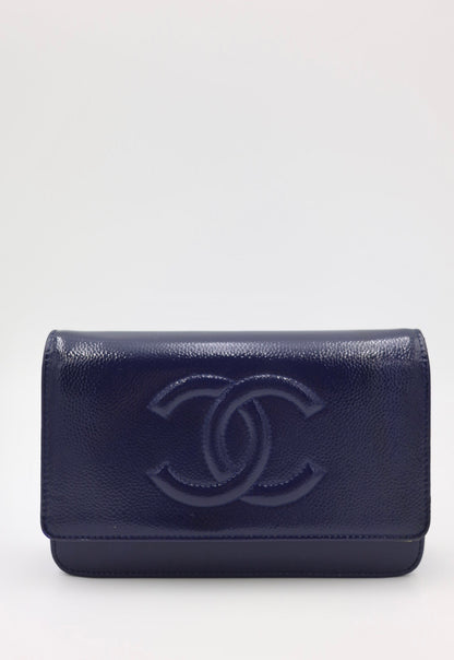 Chanel Timeless Patent Wallet on Chain - Blue with Silver Hardware
