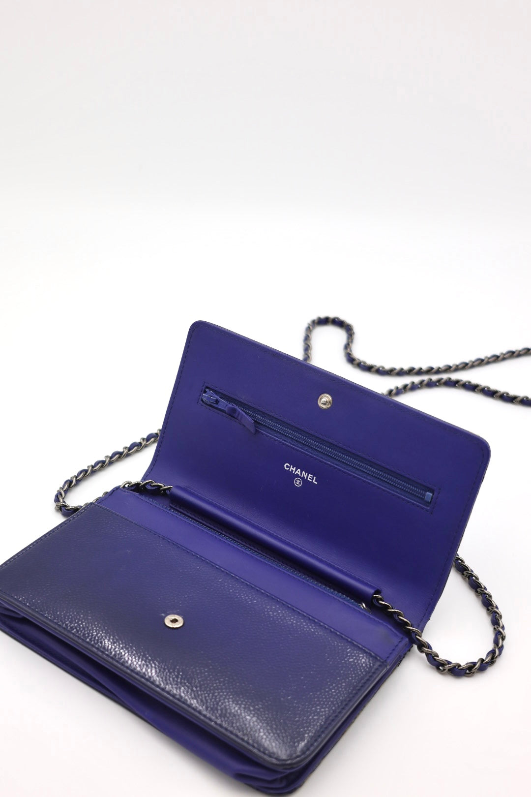 Chanel Timeless Patent Wallet on Chain - Blue with Silver Hardware