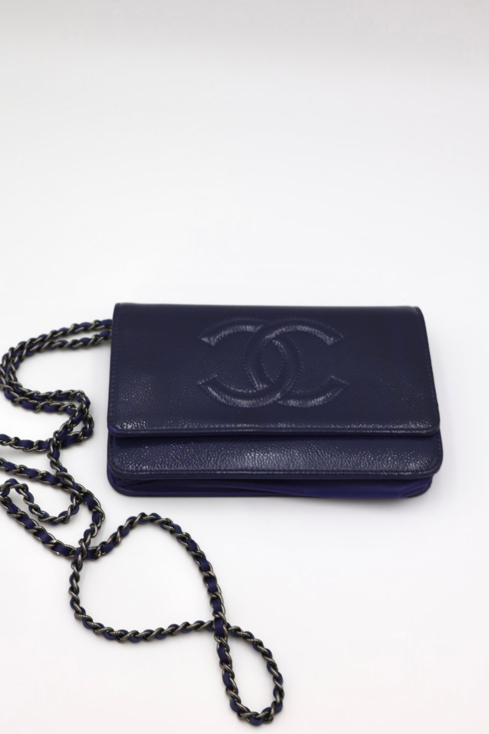 Chanel Timeless Patent Wallet on Chain - Blue with Silver Hardware