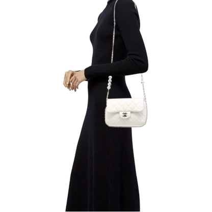 Chanel "My Precious" Flap Bag Imitation Pearl White Lambskin Light Gold Hardware