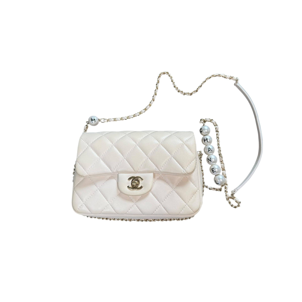 Chanel "My Precious" Flap Bag Imitation Pearl White Lambskin Light Gold Hardware