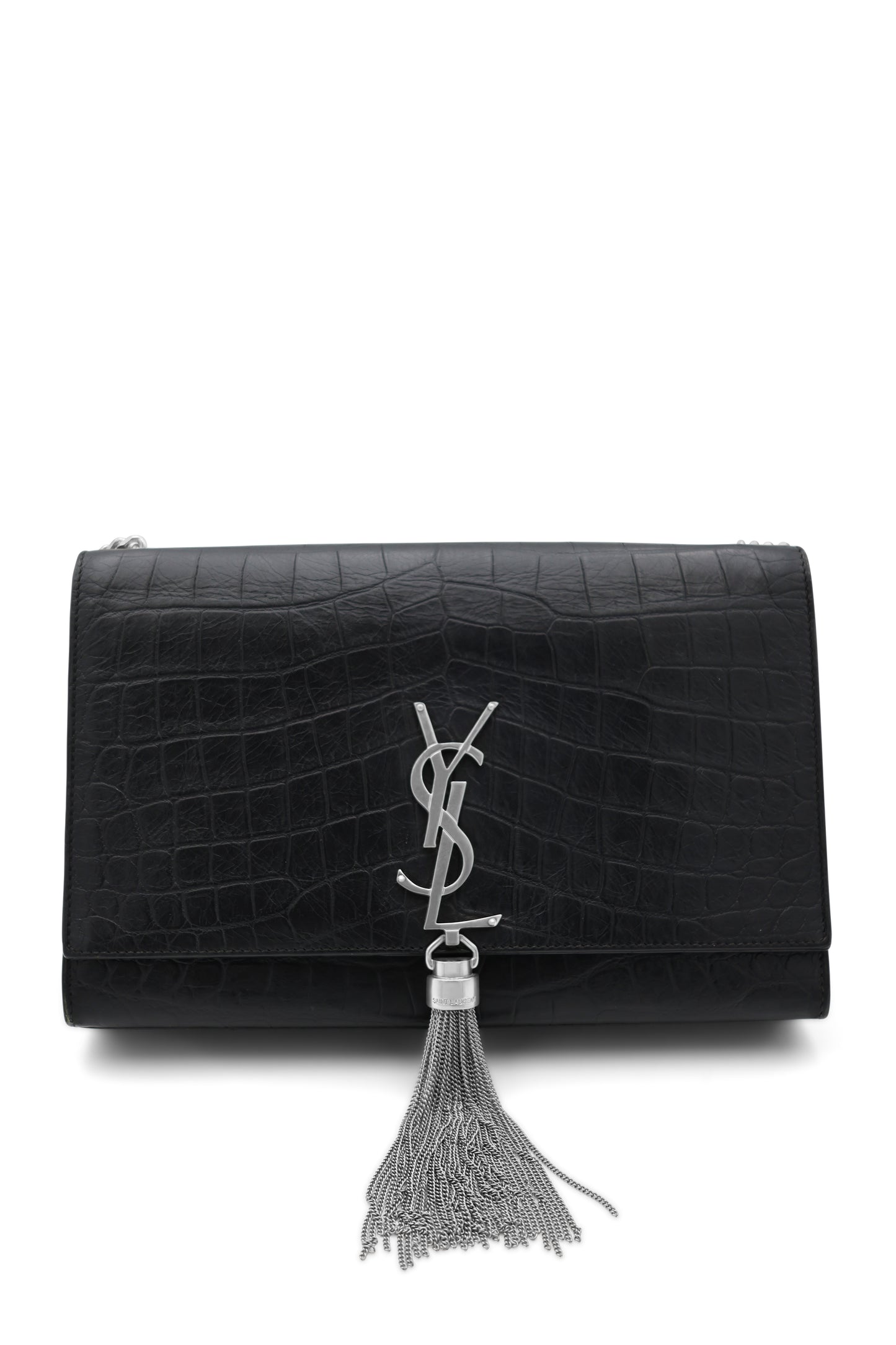 Saint Laurent Kate Medium Monogram Tassel Bag in Black Croc-Embossed Leather