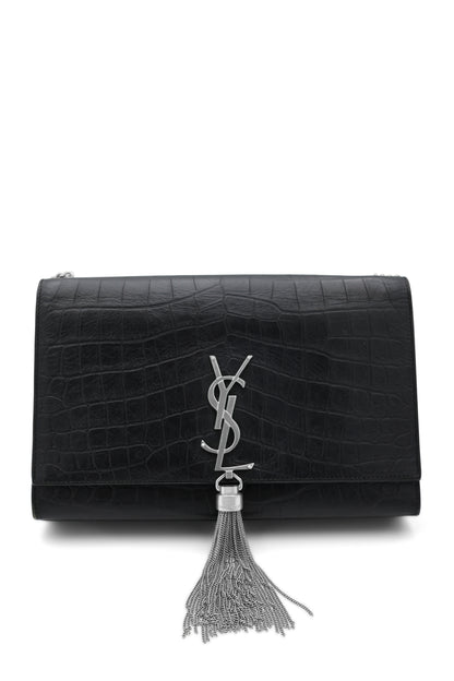 Saint Laurent Kate Medium Monogram Tassel Bag in Black Croc-Embossed Leather