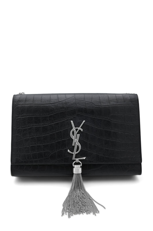 Saint Laurent Kate Medium Monogram Tassel Bag in Black Croc-Embossed Leather
