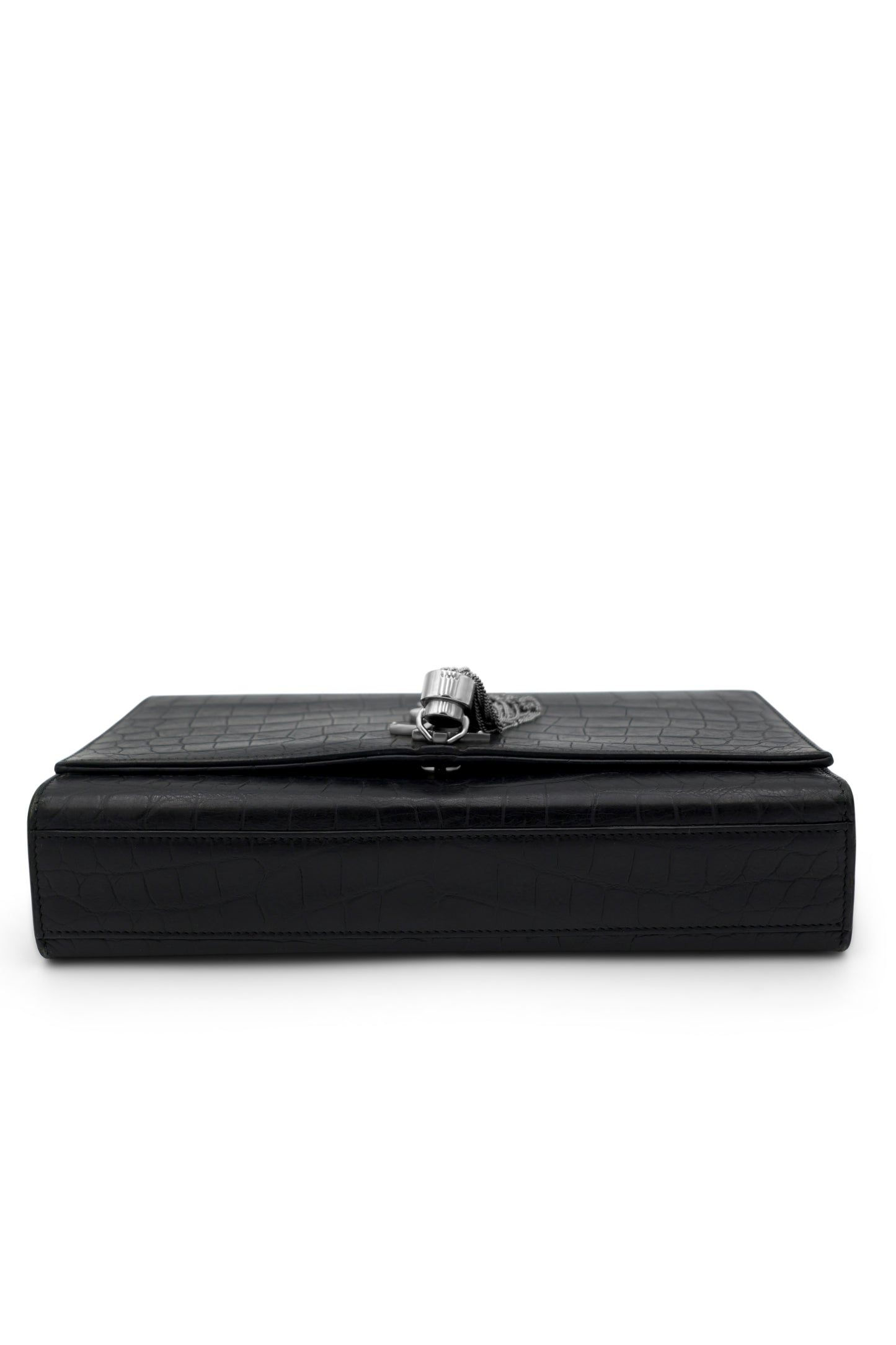 Saint Laurent Kate Medium Monogram Tassel Bag in Black Croc-Embossed Leather