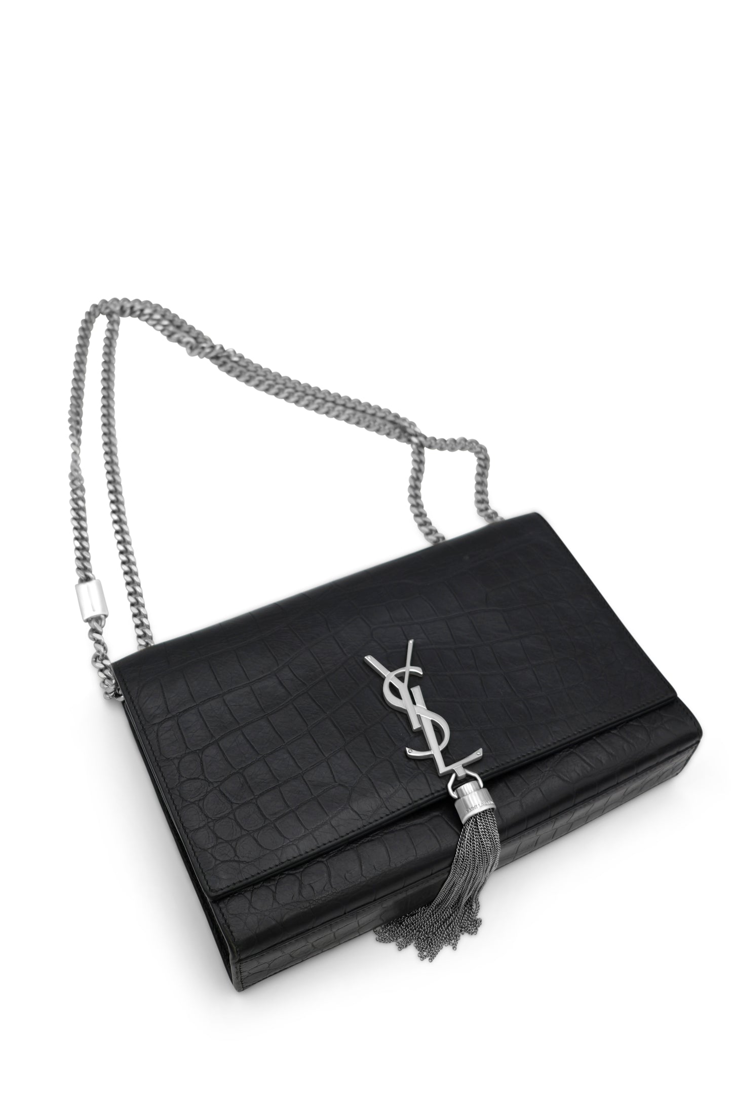 Saint Laurent Kate Medium Monogram Tassel Bag in Black Croc-Embossed Leather
