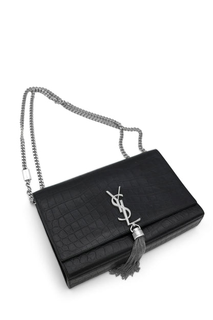 Saint Laurent Kate Medium Monogram Tassel Bag in Black Croc-Embossed Leather