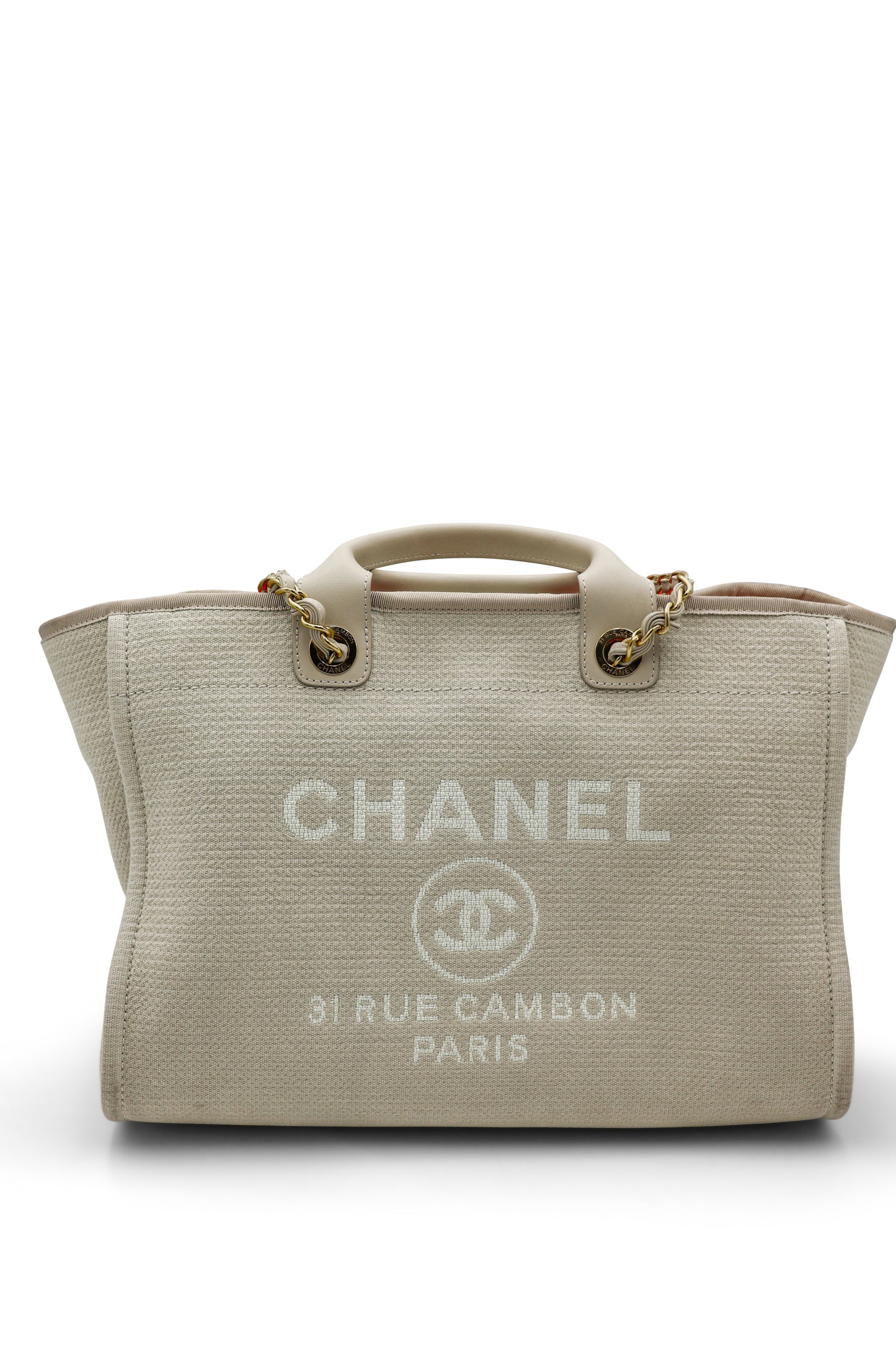 Chanel Medium Deauville Tote in Beige Canvas with Gold Hardware