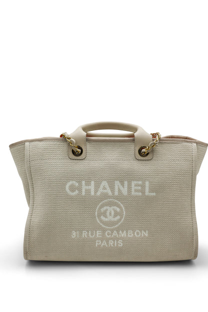 Chanel Medium Deauville Tote in Beige Canvas with Gold Hardware