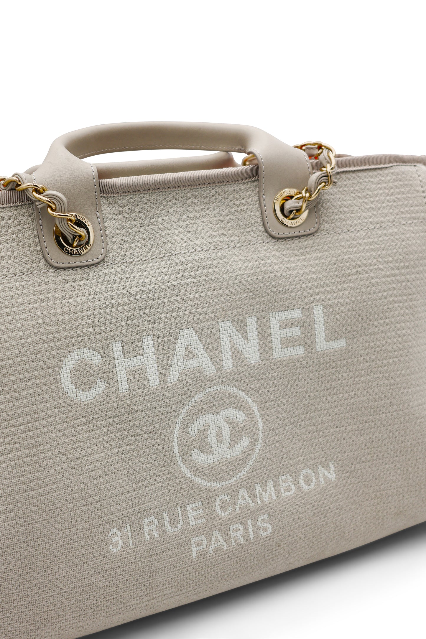 Chanel Medium Deauville Tote in Beige Canvas with Gold Hardware