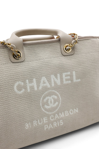 Chanel Medium Deauville Tote in Beige Canvas with Gold Hardware