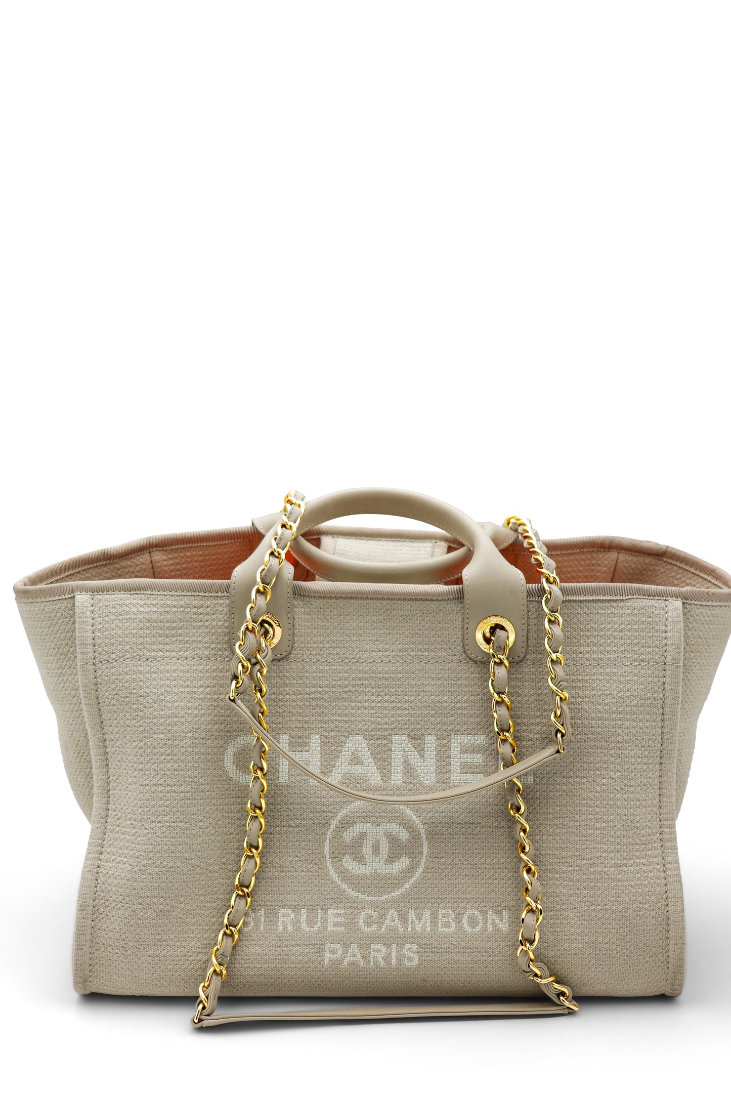 Chanel Medium Deauville Tote in Beige Canvas with Gold Hardware
