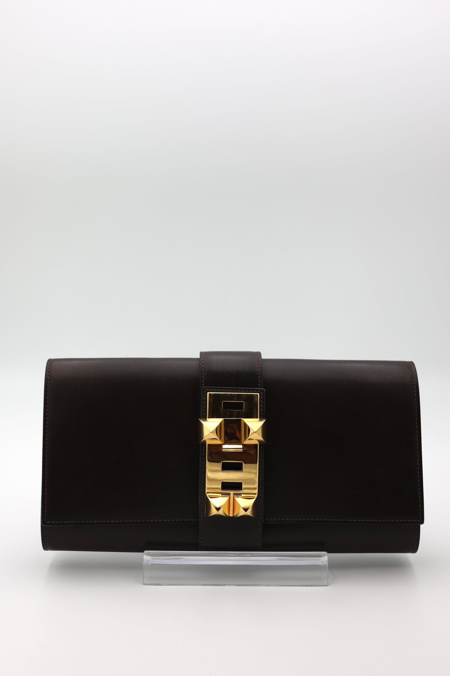 Hermes Medor 29 Clutch in Chocolat Box Calfskin with Gold Hardware
