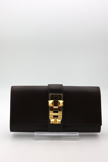 Hermes Medor 29 Clutch in Chocolat Box Calfskin with Gold Hardware