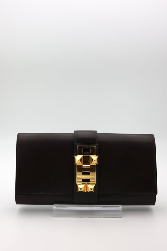 Hermes Medor 29 Clutch in Chocolat Box Calfskin with Gold Hardware