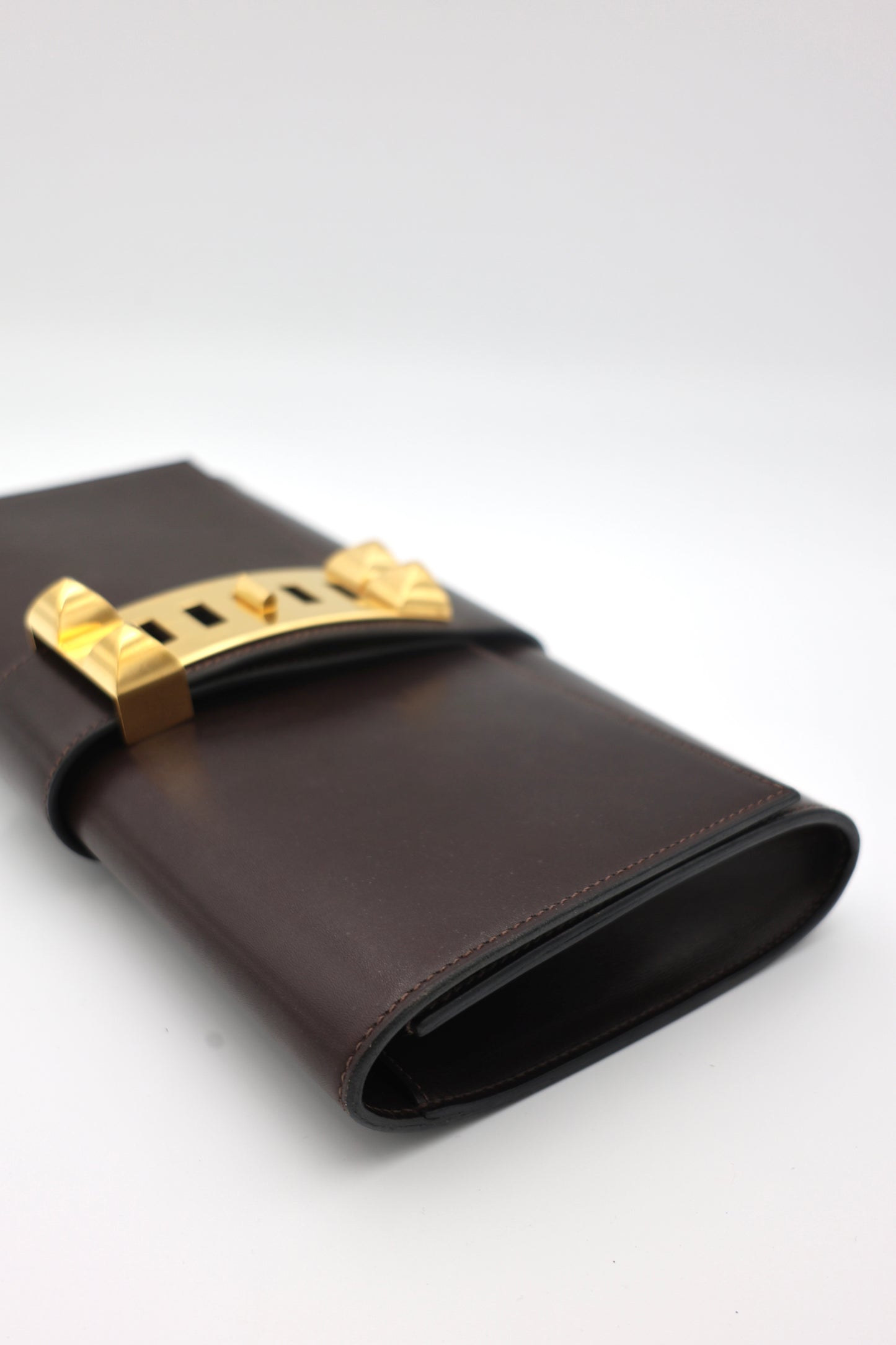 Hermes Medor 29 Clutch in Chocolat Box Calfskin with Gold Hardware