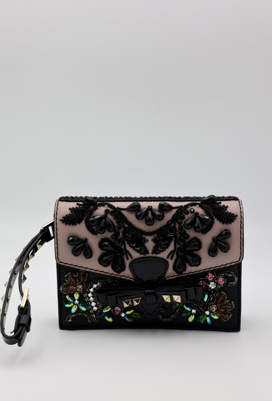 Valentino Garavani Beaded & Jeweled Pochette Bag in Black Leather