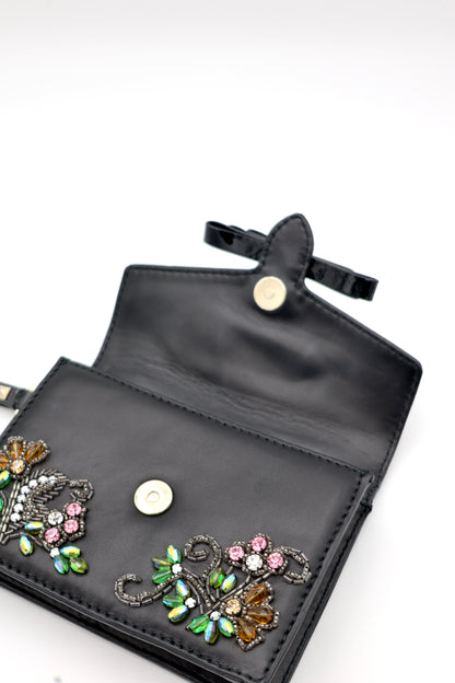 Valentino Garavani Beaded & Jeweled Pochette Bag in Black Leather