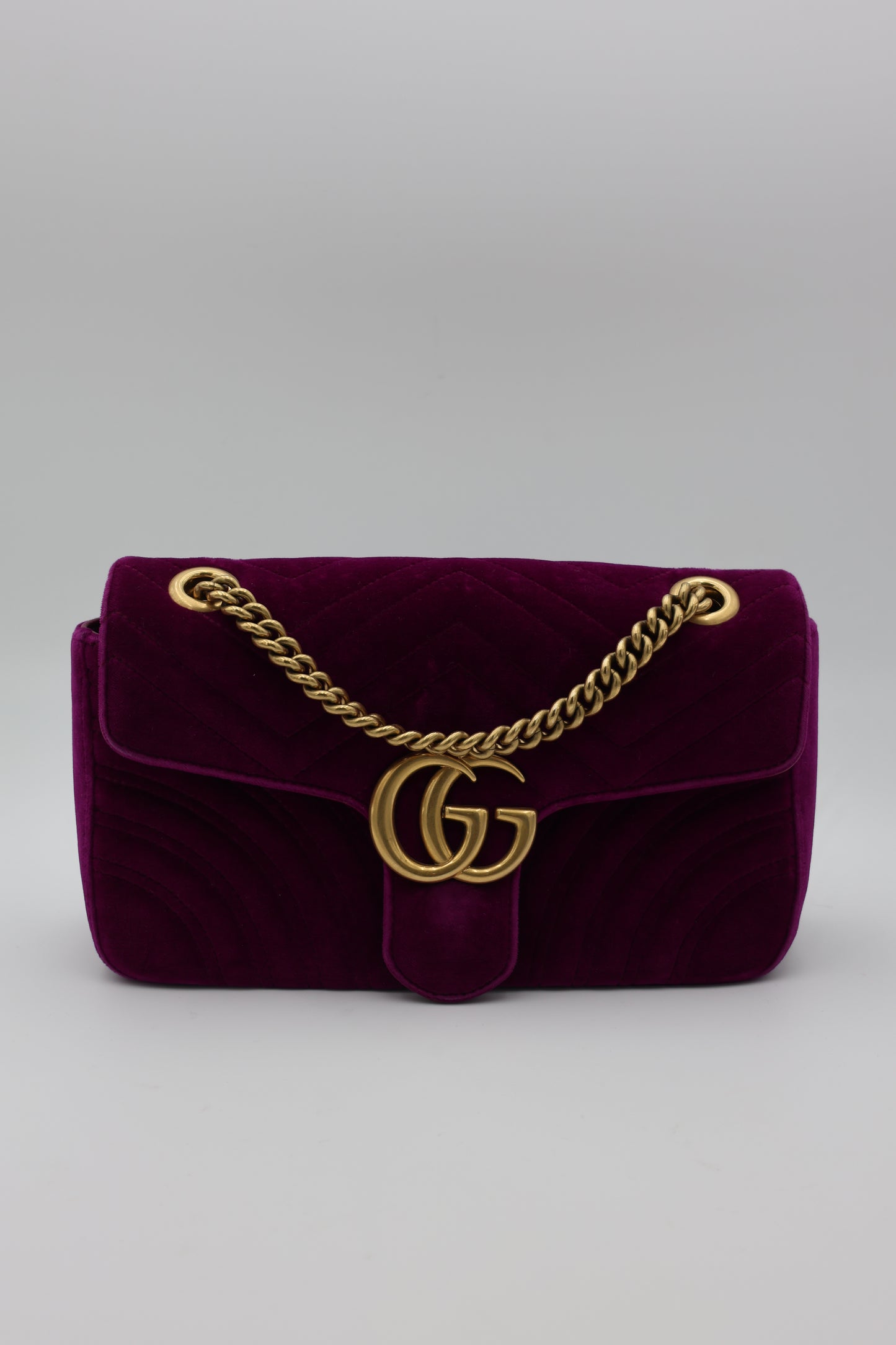 Gucci Velvet Matelassé Small GG Marmont Shoulder Bag Fuchsia Violet Cyclamen