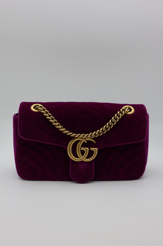 Gucci Velvet Matelassé Small GG Marmont Shoulder Bag Fuchsia Violet Cyclamen