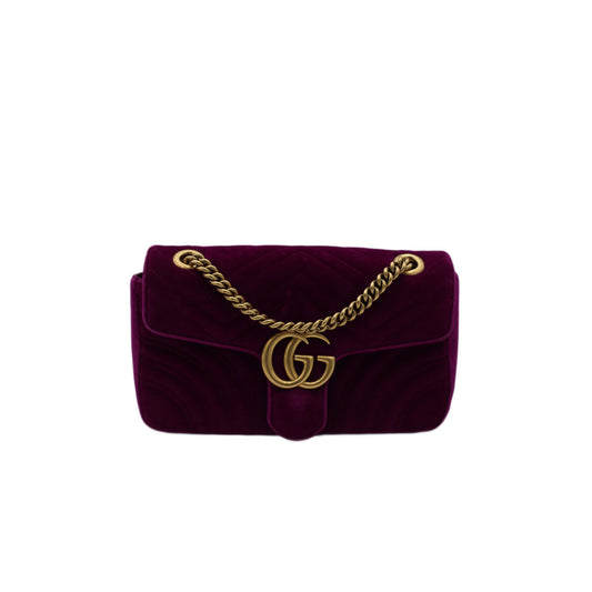 Gucci Velvet Matelassé Small GG Marmont Shoulder Bag Fuchsia Violet Cyclamen