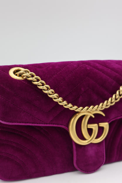Gucci Velvet Matelassé Small GG Marmont Shoulder Bag Fuchsia Violet Cyclamen
