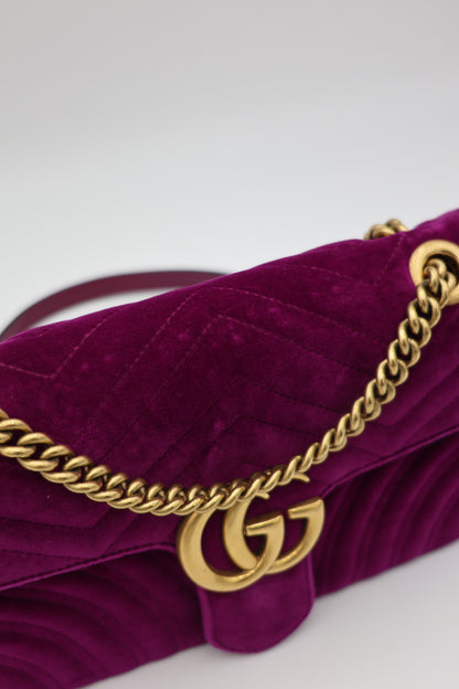 Gucci Velvet Matelassé Small GG Marmont Shoulder Bag Fuchsia Violet Cyclamen