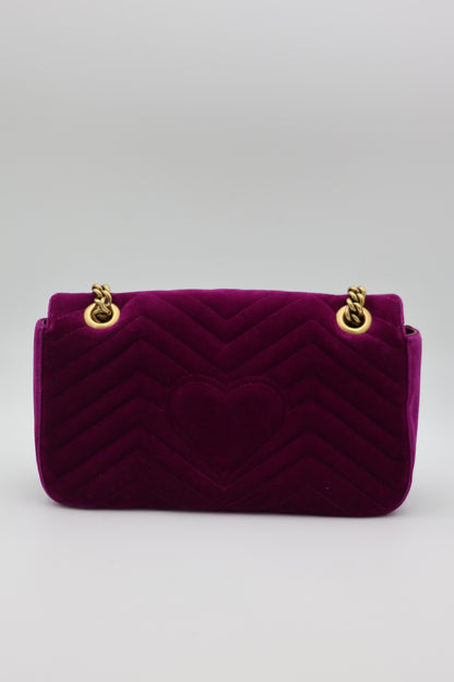 Gucci Velvet Matelassé Small GG Marmont Shoulder Bag Fuchsia Violet Cyclamen