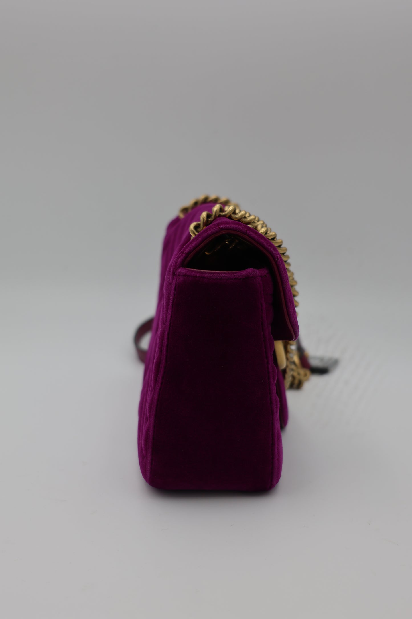 Gucci Velvet Matelassé Small GG Marmont Shoulder Bag Fuchsia Violet Cyclamen