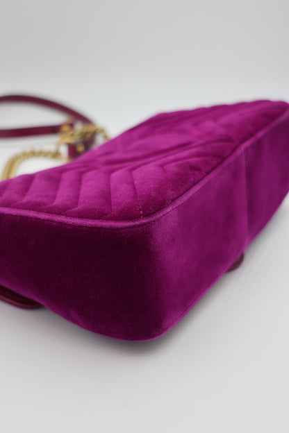 Gucci Velvet Matelassé Small GG Marmont Shoulder Bag Fuchsia Violet Cyclamen