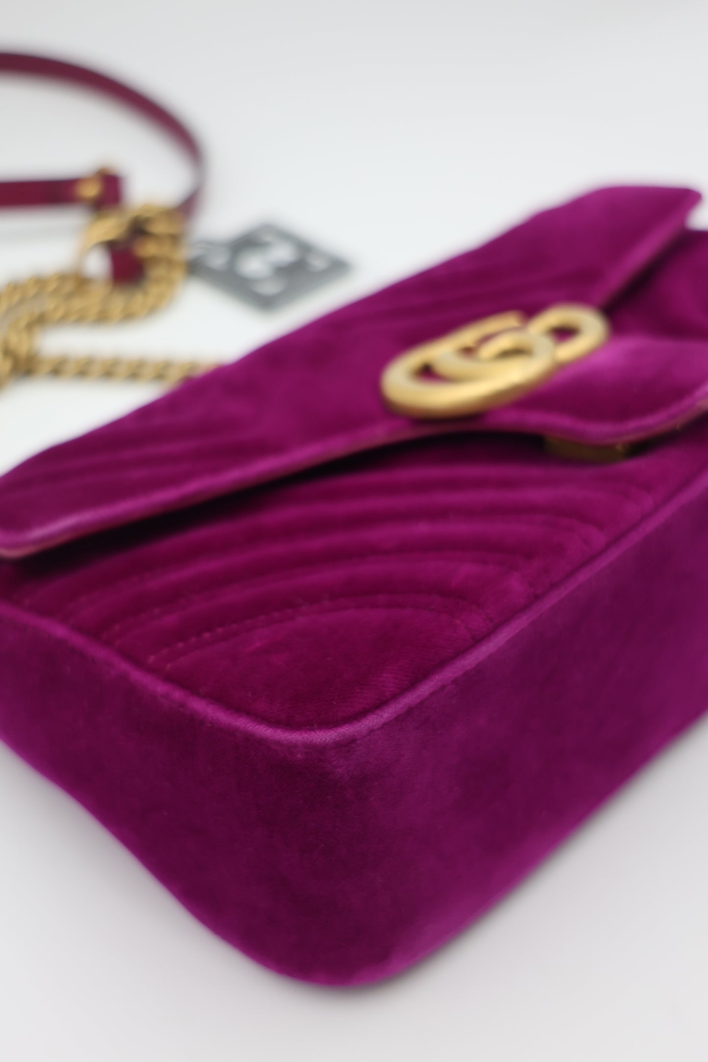 Gucci Velvet Matelassé Small GG Marmont Shoulder Bag Fuchsia Violet Cyclamen