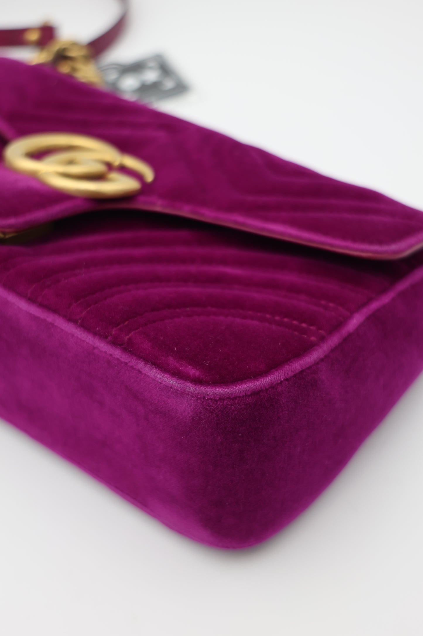 Gucci Velvet Matelassé Small GG Marmont Shoulder Bag Fuchsia Violet Cyclamen