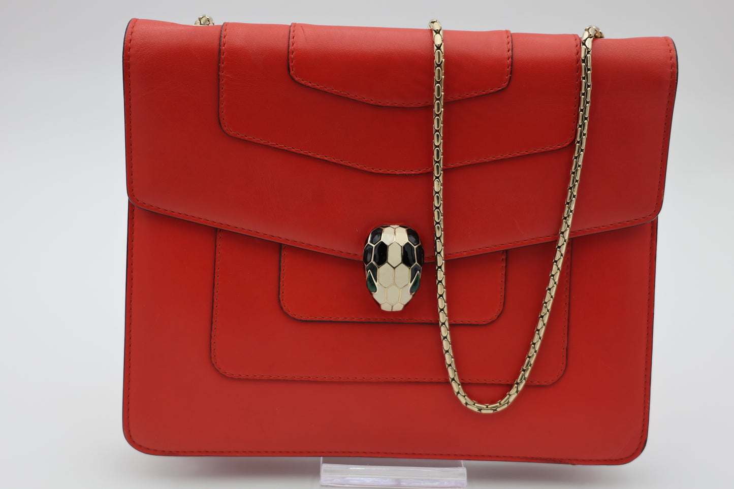 Bvlgari Serpenti Forever Medium Square Shoulder Bag Calf Leather in Coral