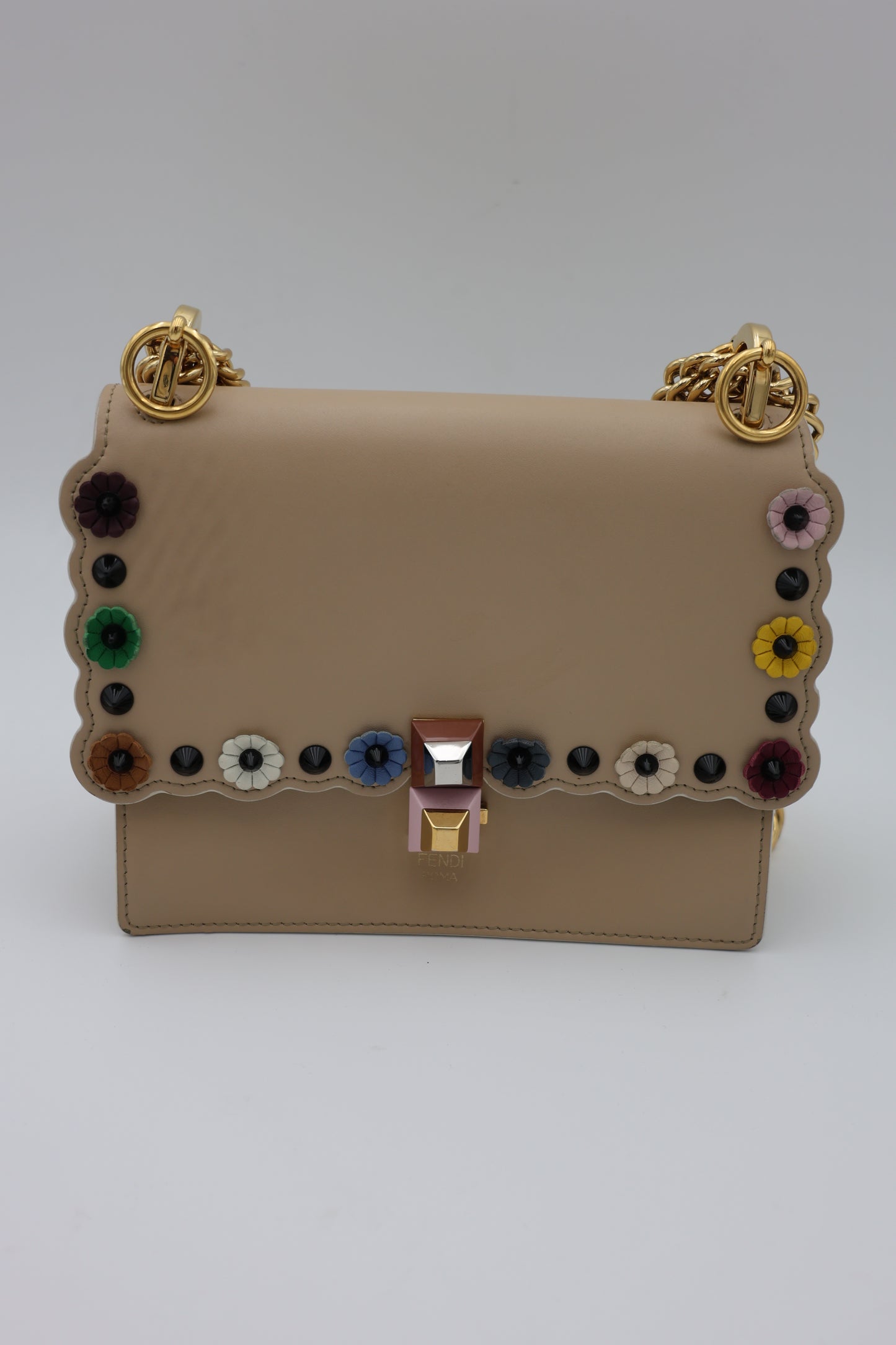 Fendi Scalloped Leather Mini Kan I Floral Studded Chain Shoulder Bag Beige