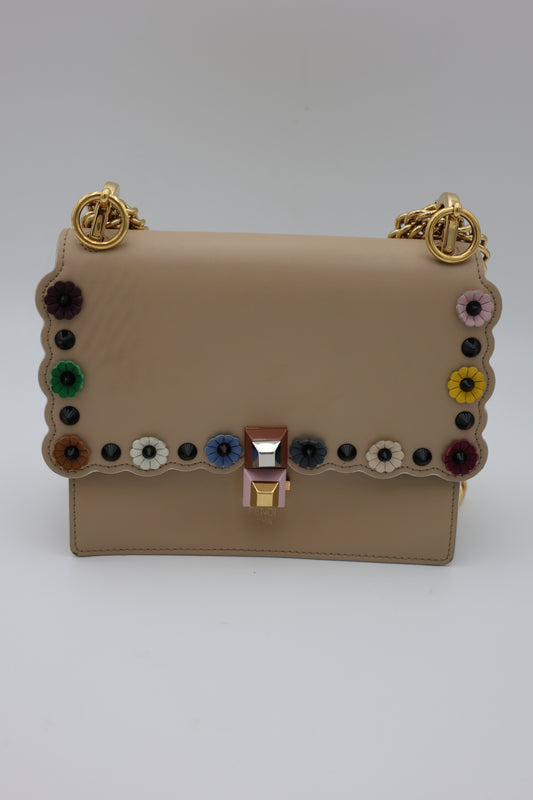 Fendi Scalloped Leather Mini Kan I Floral Studded Chain Shoulder Bag Beige