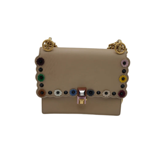 Fendi Scalloped Leather Mini Kan I Floral Studded Chain Shoulder Bag Beige